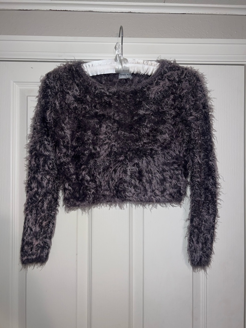 Tiger Mist Blue Grey Cropped Fuzzy Sweater